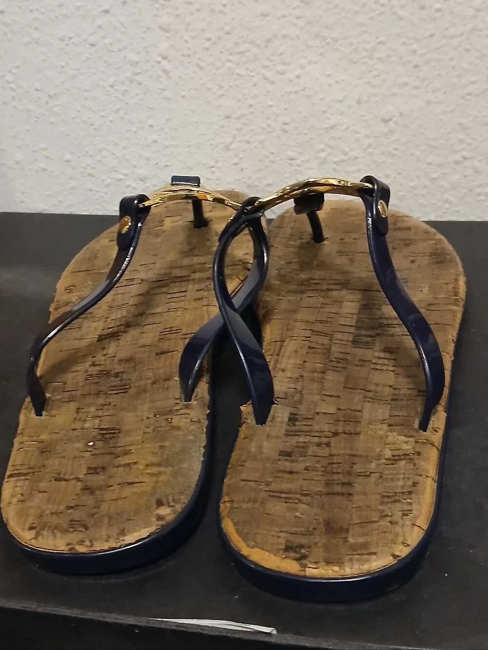 Michael Kors Navy Blue & Cork Thong Sandals - Women's Size 7
